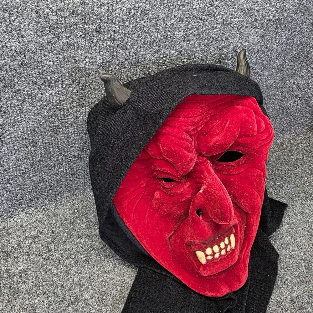 Vtg 90s Halloween Devil Mask Red Velvet Face Horned Hooded Demon Costume Scary